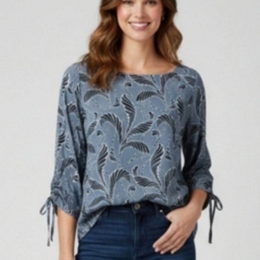 Ann‎ Taylor Leaf Print Ruched  Sleeve Boatneck Office Blouse Medium M